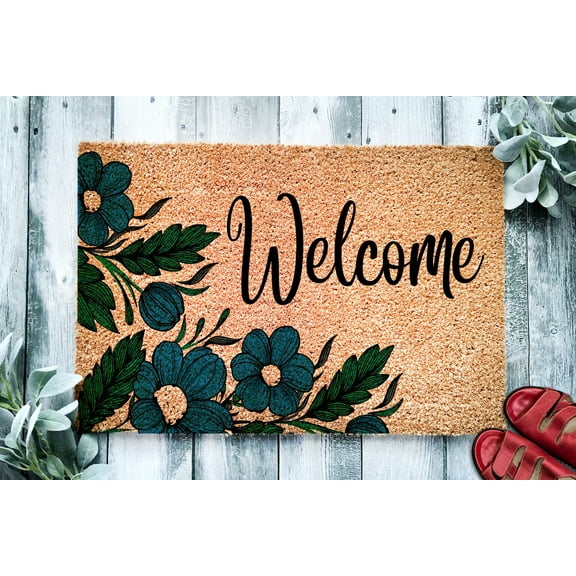 Blue Floral Welcome Door Mat | Flower Theme Doormat | Spring Decor | Housewarming Gift | Front Door Mat | Closing Gift | Gift From Realtor