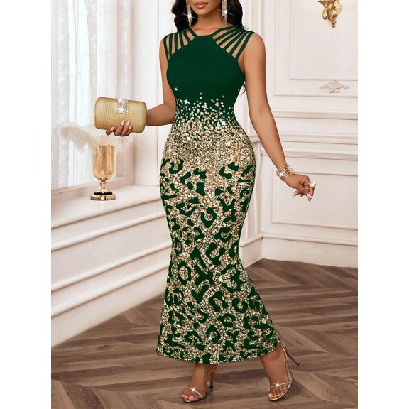 Dark Green Leopard Print Sequin Mermaid Dress With Cut-Out Shoulder Detail, Elegant Evening Gown