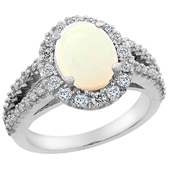 10K White Gold Diamond Natural Opal Engagement Ring Oval 10x8mm, size 10