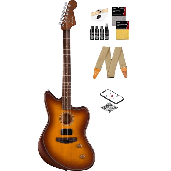 Fender Acoustasonic Standard Jazzmaster - Honey Burst Bundle with Strap, Guitar Cleaning Kit and Austin Bazaar Instructional Video