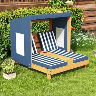 Costway Kids Double Chaise Lounge Patio Lounge Chair with Cup Holders & Awning Blue