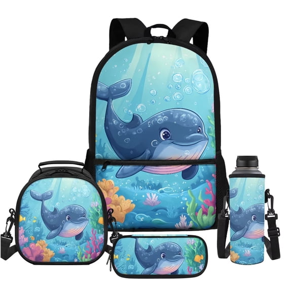 Uorisanigo Sea Whale Backpack for Boys Girls Backpack with Lunch Bag Pencil Case Water Bottle Sleeve, 4 Pcs School Bag Set for Elementary Middle Bookbag