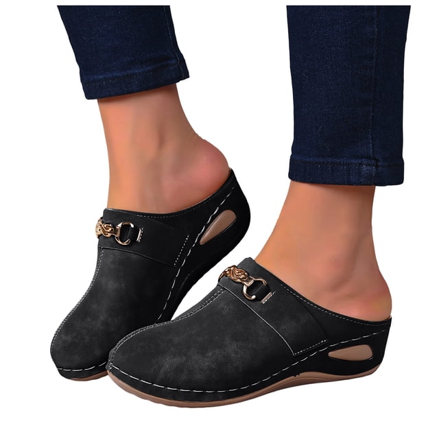 Wedge Suede Clogs for Women Retro Closed Toe Mules Comfortable Dress Slides Soft Soled Backless Platform Sandals Black Size 9.5