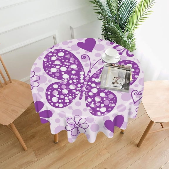RKSupls 60 Inch Round Tablecloth, Purple Butterfly Flowers Premium Polyester Straight Edge Wrinkle Resistant Washable Table Cover for Party Home Dining Decor