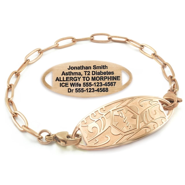 MedicEngraved Rose Gold Stainless Steel Custom Medical Alert Bracelet - 4mm Paperclip Link