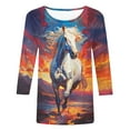 thumbnail image 4 of Women's 3/4 Sleeve Tunic Tops Loose Fit Flowy Y2K Tops Dressy Casual Fashion 2024 Vintage Round Neck Blouse Spring Elegant Shirts Wild Horse Print Summer Clothes for Teen Girls Orange T Shirts L, 4 of 4