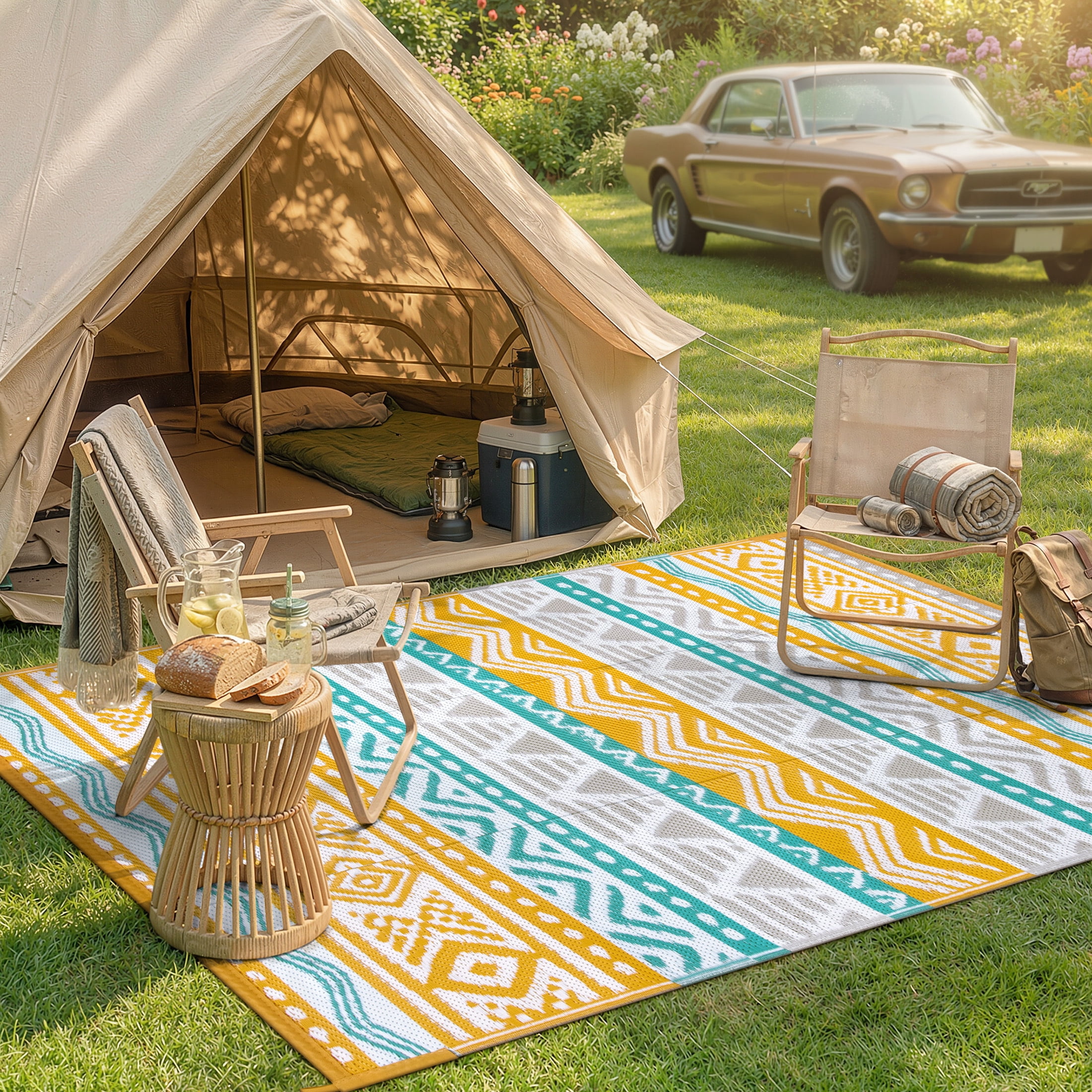 Moynesa Outdoor Rug Waterproof, 4'x6' Lightweight Plastic Straw Rug for Camping RV, Reversible Outside Carpet for Patio Deck Porch Balcony Picnic Tent, Blue/Yellow