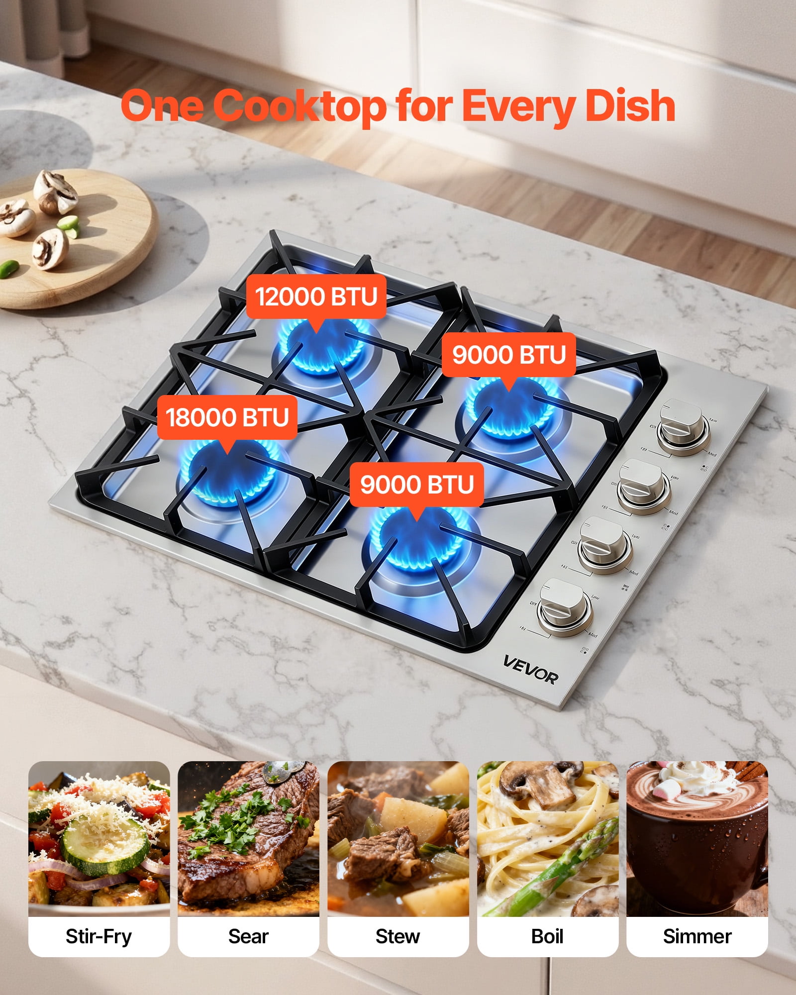 VEVOR Gas Cooktop, 30 inch 4 Burners Gas Stove Top, Max 48000BTU Built-in Stainless Steel Stove Top LPG/NG Convertible Dual Fuel Cooktop Stoves with Sealed Burner for Sear, Stew, Boil, Stir-Fry