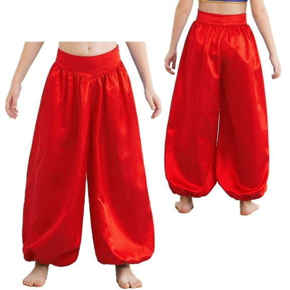 YUUMIN Kids Girls Praise Belly Dance Pants Wide Leg Bloomers Trousers for Arab Carnival Party Performance Red 12