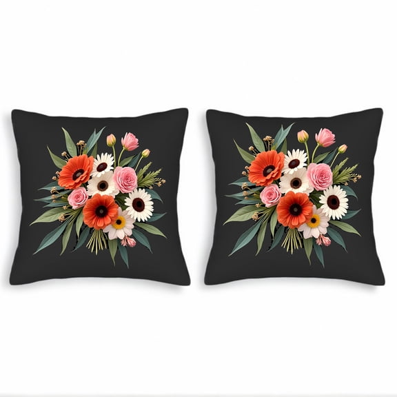 Set of 2 18x18in Throw Pillow Covers - Vibrant Floral Design with Daisies Roses & Green Leaves for Couch Bed Car Decor