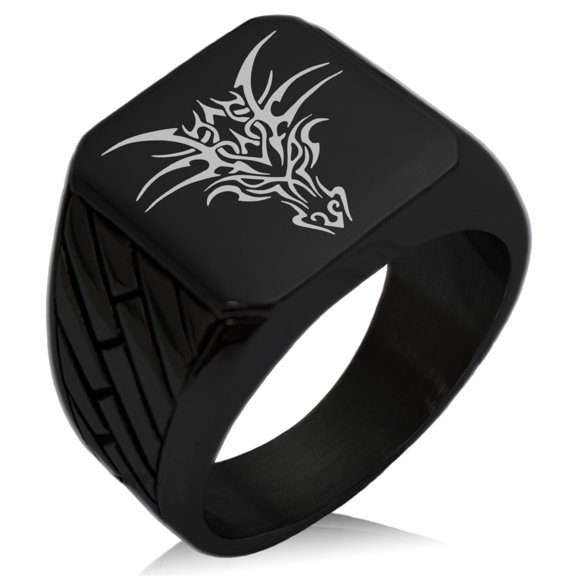 Stainless Steel Oriental Dark Dragon Geometric Pattern Biker Style Polished Ring