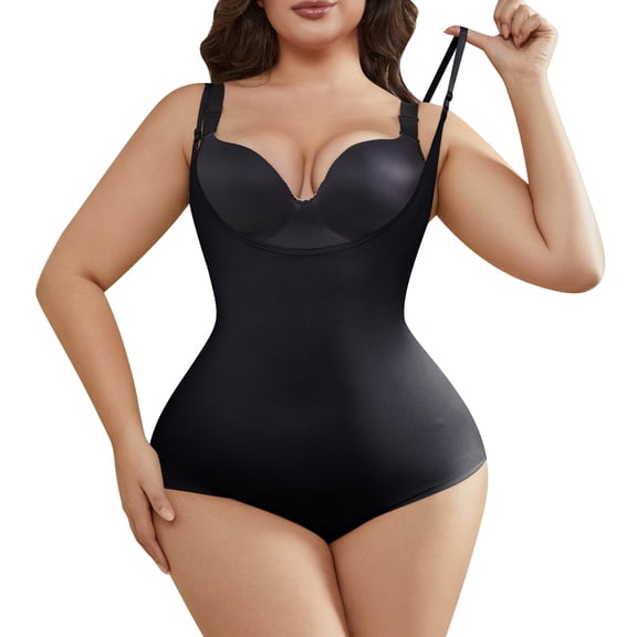 Athlemo Plus Size Women's Shapewear Tummy Control Body Shaper Open-Bust Bodysuit Waist Trainer Black