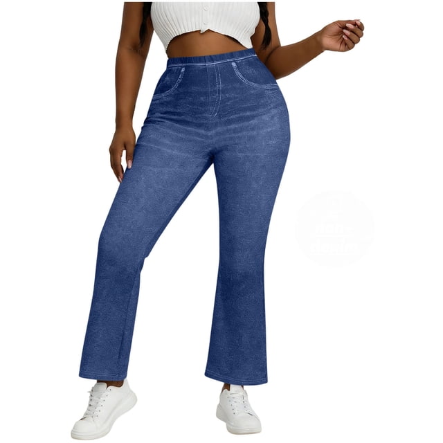 Pantalones de Cintura Alta para Mujeres Casual Cintura Elástica Caminando con Bolsillos Pantalones Impresos No Tela de Denim Imitación Pantalones de Denim Cómodos para Salir