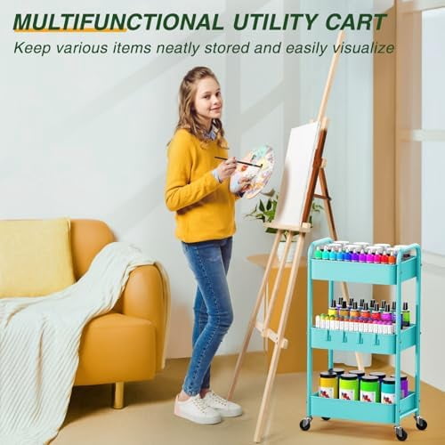 3 Tier Rolling Storage Cart, Metal Trolley Utility Cart with Wheels & Hooks, Easy Assembly Organizer Storage Cart for Bathroom Kitchen Office Bedroom Blue