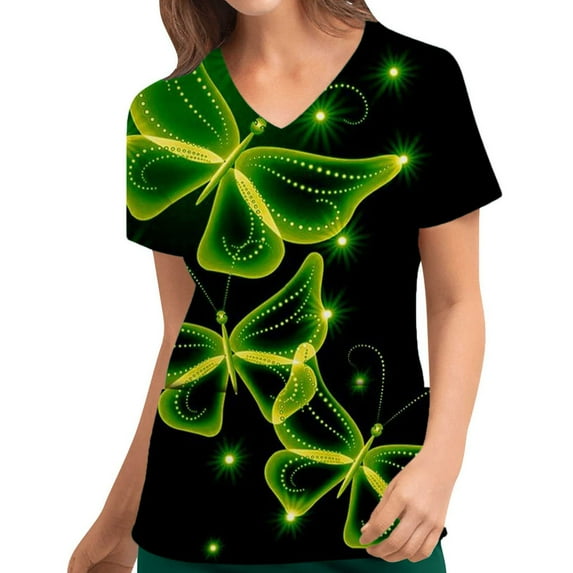 Frostluinai Printing Working Uniform Nursing Uniform for Womens Scrubs Tops Color Casual Working Uniform with Pocket V-Neck Work Utility&Safety Tops Nursing Worker Protective Clothing Top