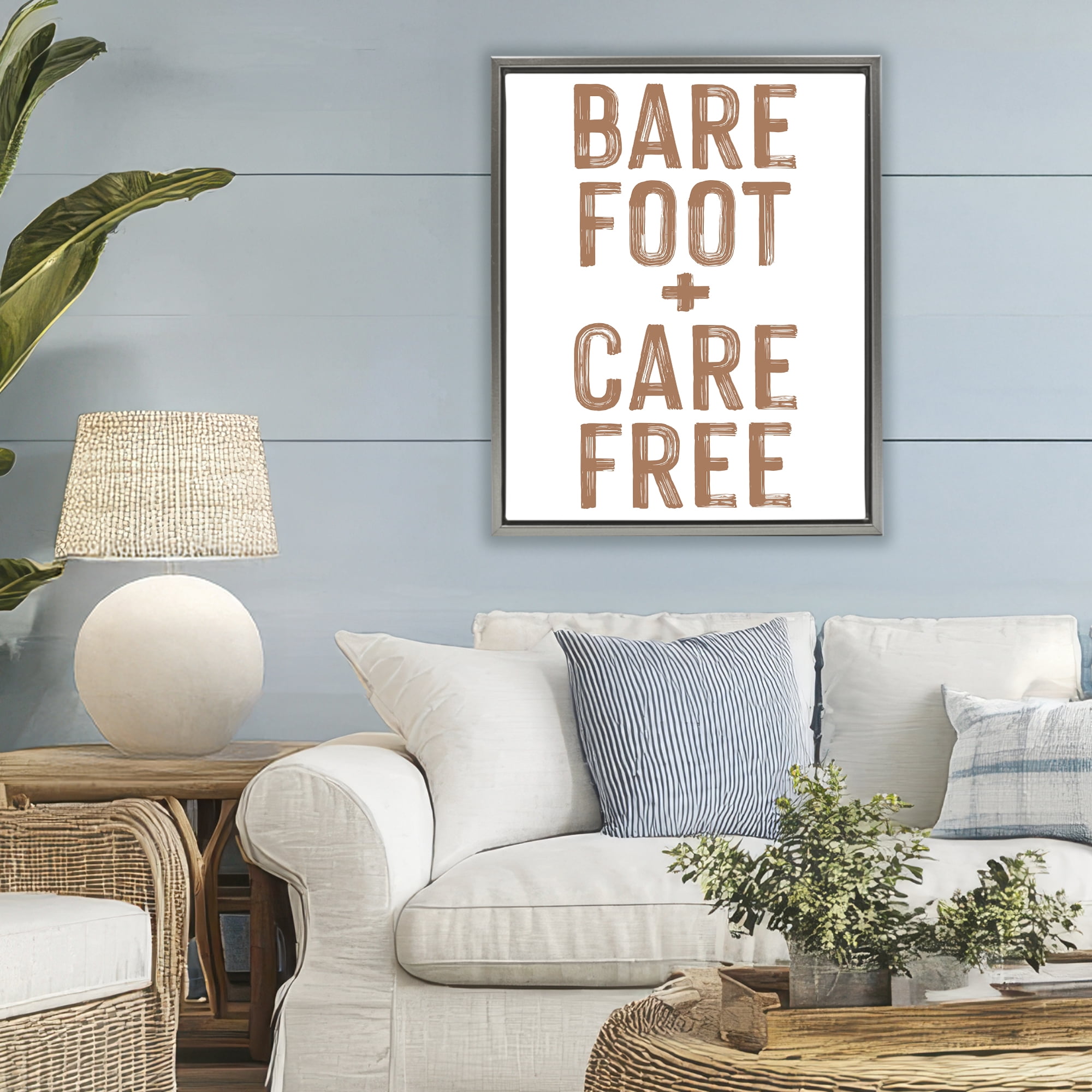 Barefoot Carefree Summer Sentiment Gray Framed Floater Canvas Wall Art, design by Lettered and Lined