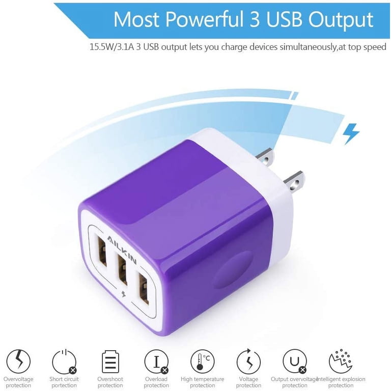 Ailkin 3.1A Triple USB Wall Charger Block 3-Pack photo 4