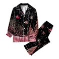 thumbnail image 4 of Women's Christmas Printed Loose Home Casual 2-Piece Set: Long Sleeve Button-Up Top & Wide Leg Pants, Fuchsia, Size XXL, 4 of 5