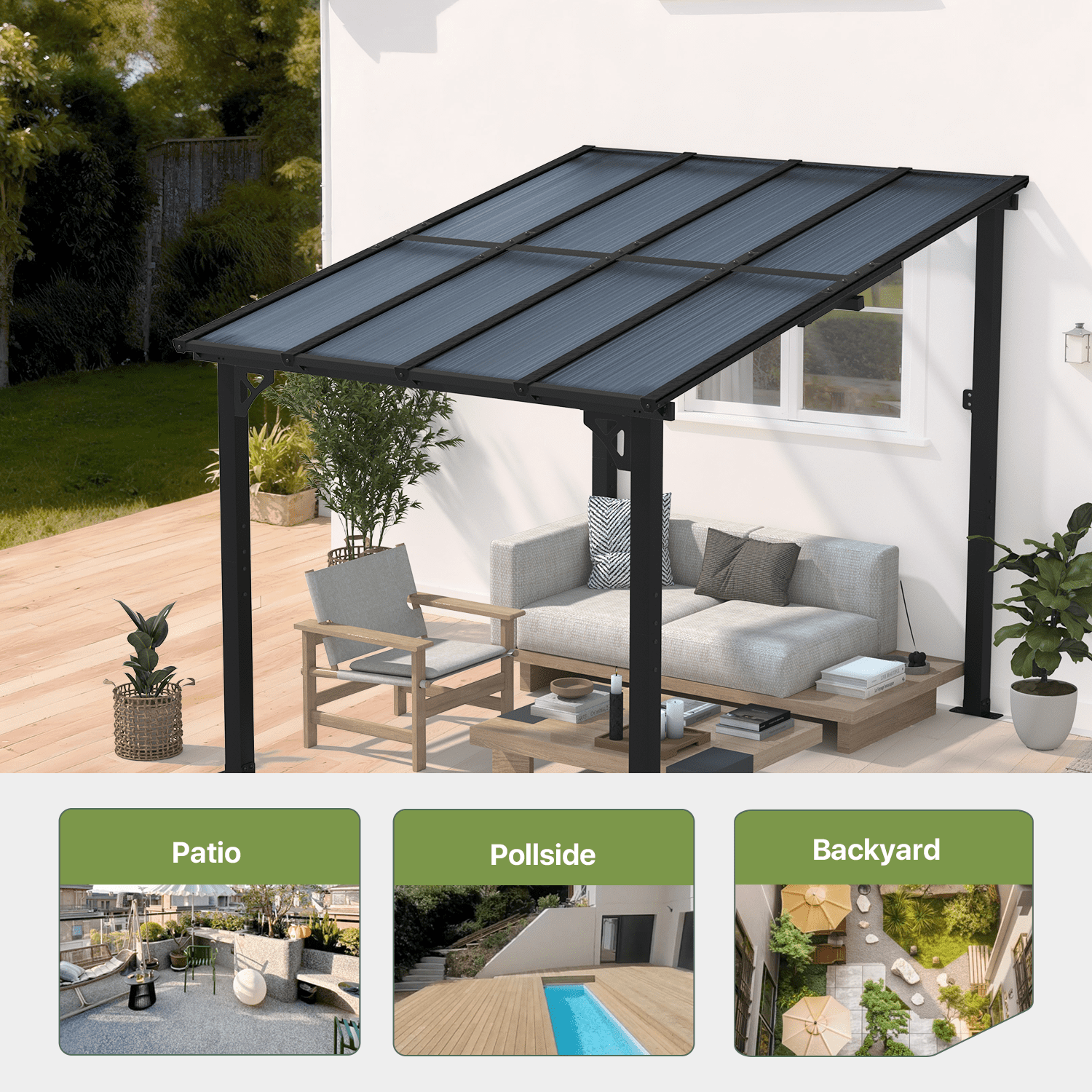 BaPiPro 8x10 ft Wall-Mounted Hardtop Gazebo with Polycarbonate Roof, Aluminum Frame, Outdoor Patio Cover for Poolside or Backyard, UV Resistant