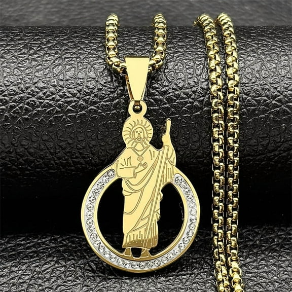 Catholic San Judas Medal 14K Yellow Gold Pendant Necklace for Women Men Saint Jude Chain Jewelry