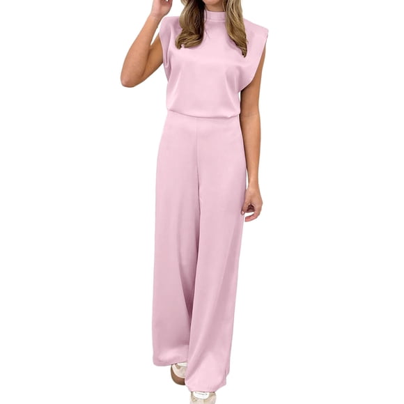 Hvobtty Women Full Length Jumpsuit Pants, Women's Solid Color Stand Up Collar Sleeveless Loose Satin Backless Wide Leg Jump Jump