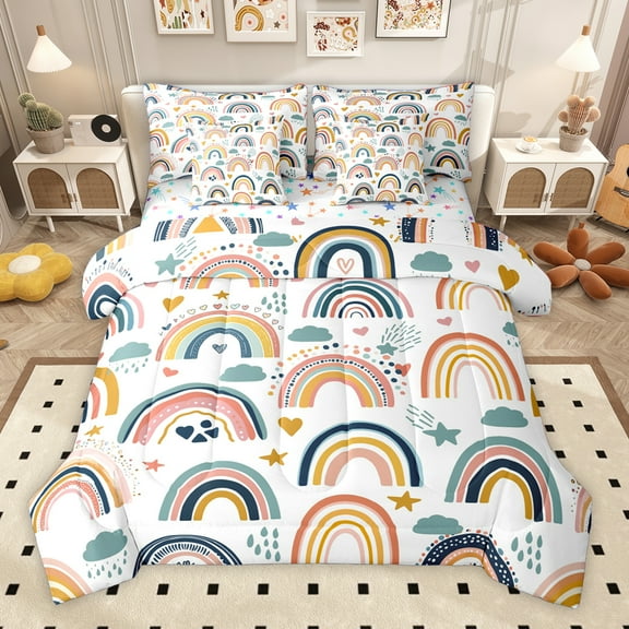 Homewish Bohemain Rainbow 7-Piece Twin Bedding Sets,Colorful Loves Stars Bedding Comforter Set,Boho Theme Sheet Sets For Girls,Super Cozy Room Decor Reversible
