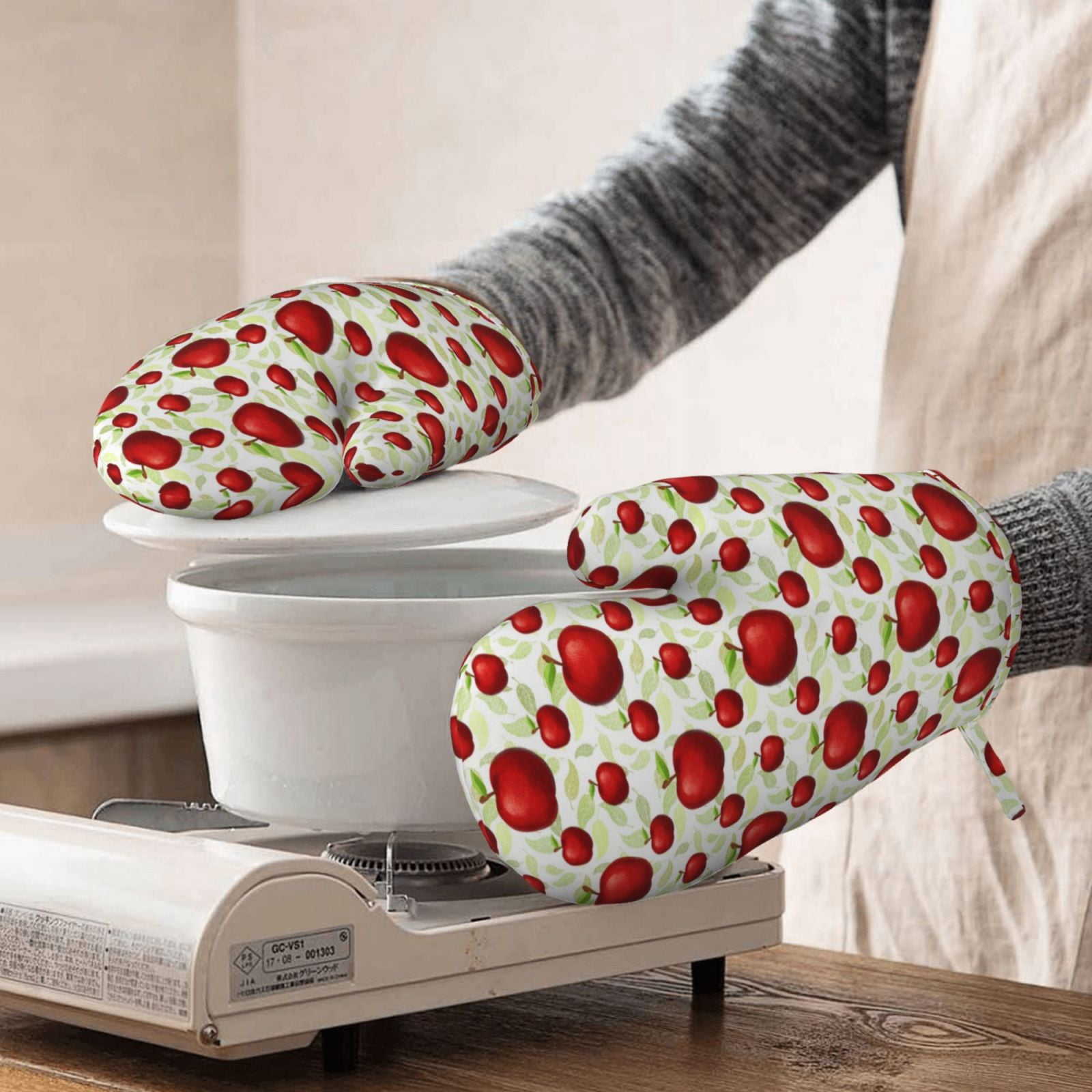 Hirioo Fruit Apples for Silicone Oven Mitts for BBQ, Baking, Cooking, Set of 2, Heat Resistant 260℃, Non-Slip Kitchen Essentials