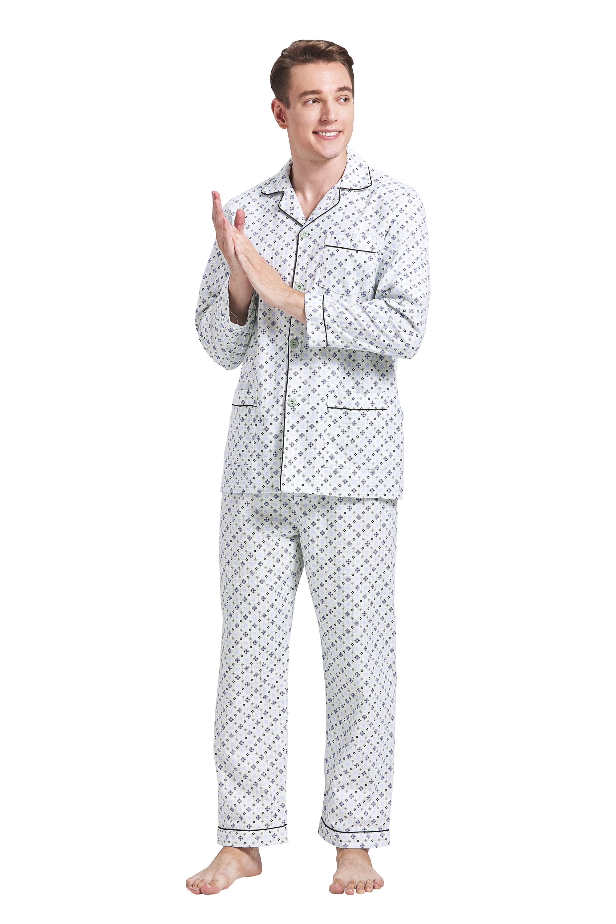GLOBAL Men's Pajamas Sets 100 Cotton Flannel Sleepwear LongSleeve Top
