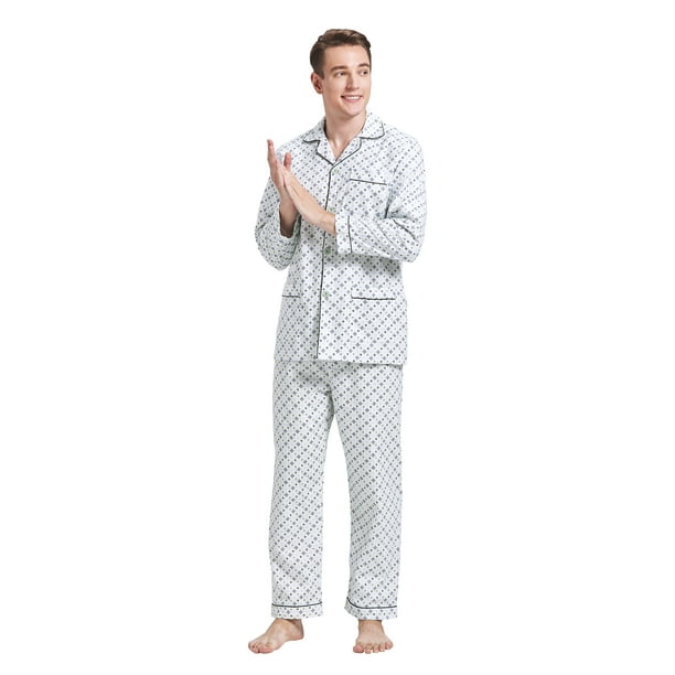 GLOBAL Men's Pajamas Sets 100 Cotton Flannel Sleepwear LongSleeve Top & Bottom, Size L