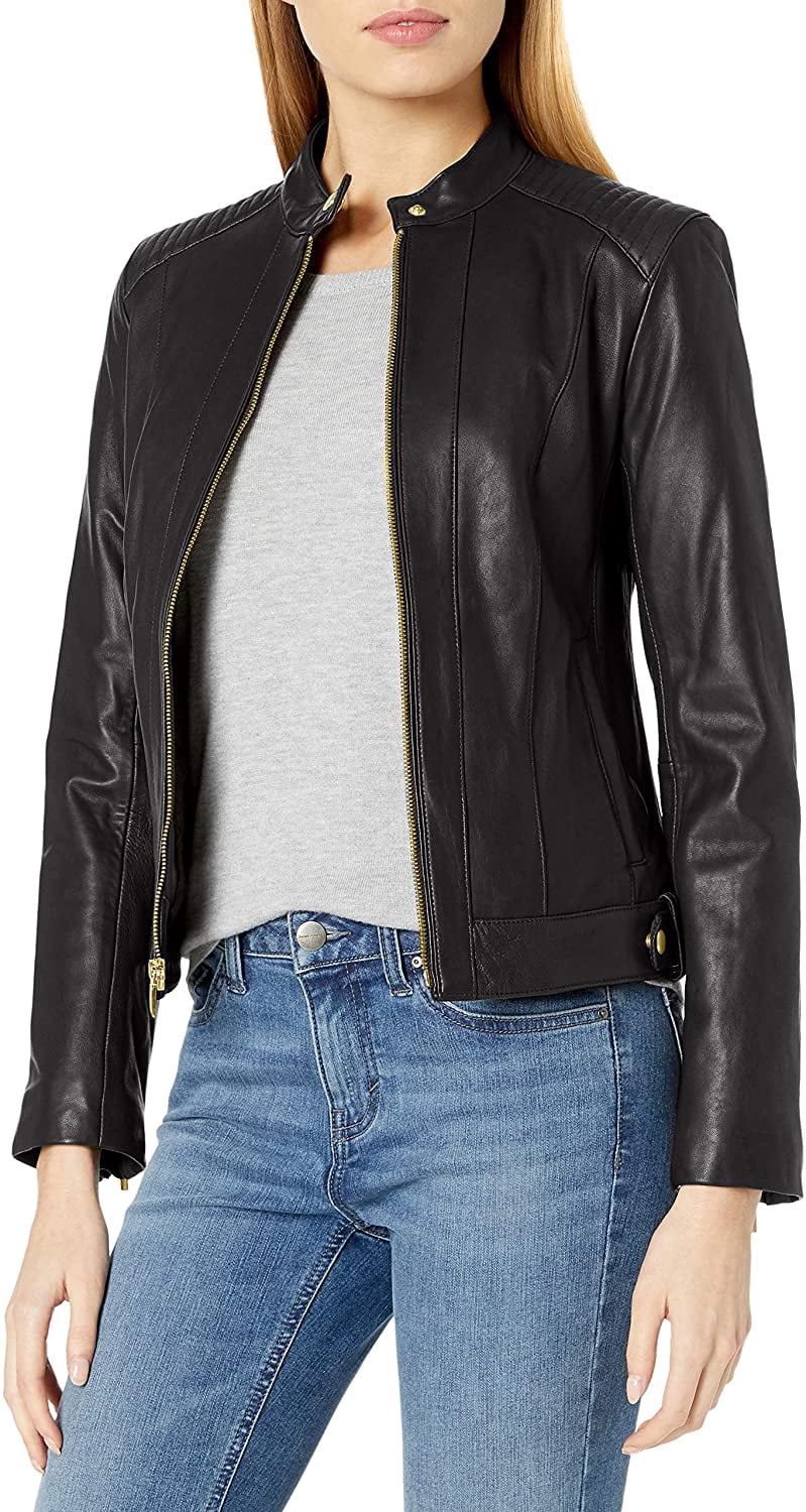 Cole Haan Womens Leather Racer Jacket 