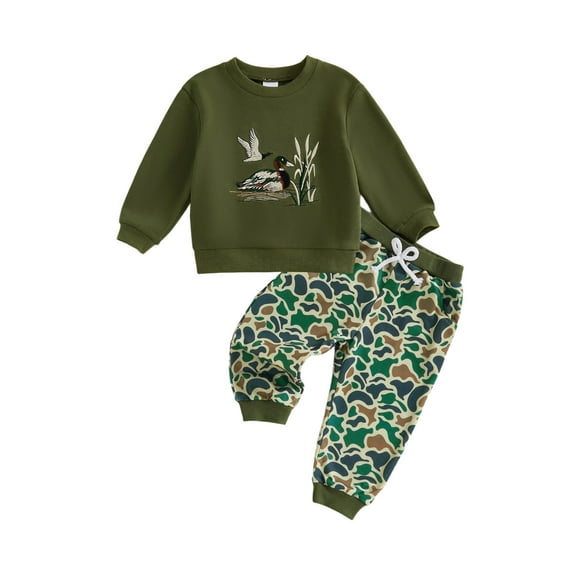 BemeyourBBs Boy Fall Outfits Duck Embroidery Long Sleeve Pullover Print Pants