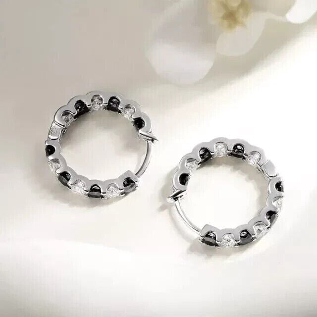 3.00Ct Round Cut Lab Created Black & White Diamond Engagement Women's Hoop Earrings 14K White Gold Plated Silver