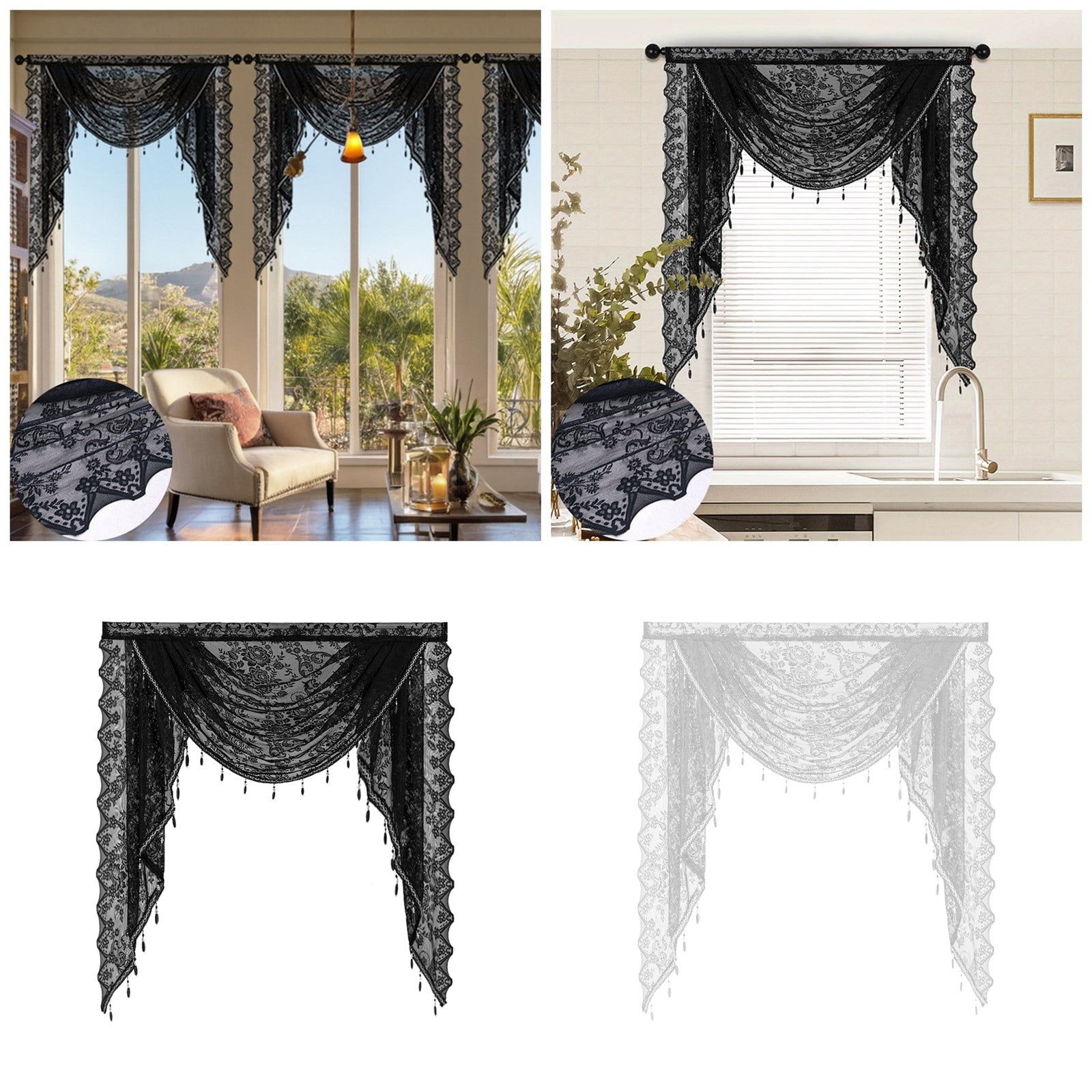 RUISINERY Elegant Laces Valance with Beadeds Tassels and Florals Embroidery for Bedroom Living Room Kitchen Basement