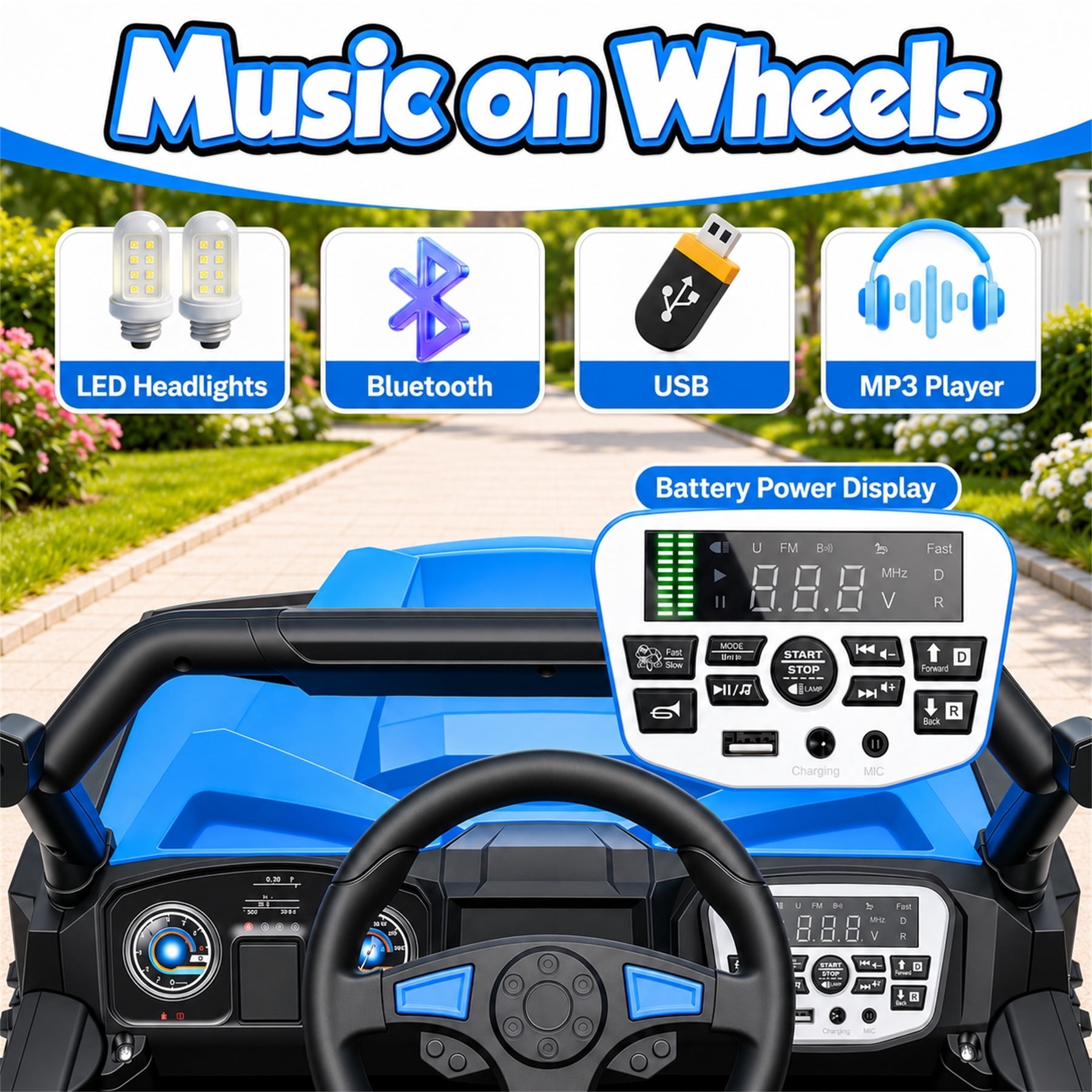 24V 400W Kids Ride On Electric UTV Car with Remote Control, Ride on Toys with Advanced Center Panel, Music, Bluetooth, LED Lights, Gift for Boys Girls 3+, Blue