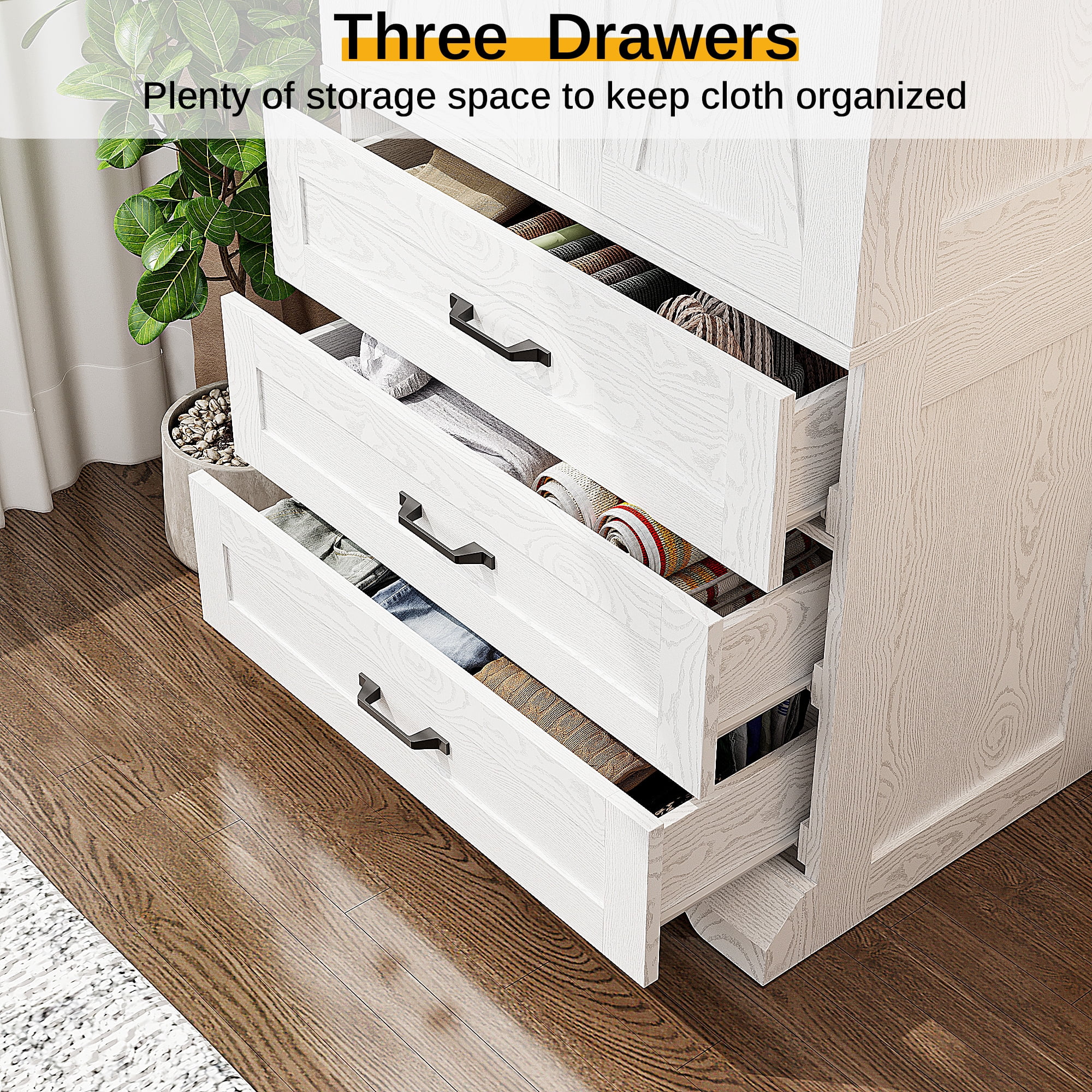 LIKIMIO 70.9"H Wardrobe Closet with Sensor Light and 3 Drawers, Wooden Bedroom Armoire Cabinet with 2-Door and Hanging Rod