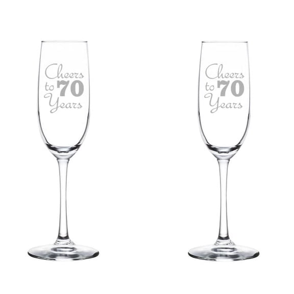 Set of 2 Glass Champagne Flutes Sparkling Wine Glasses Birthday Anniversary Cheers 70 Years (8 oz Stemmed)