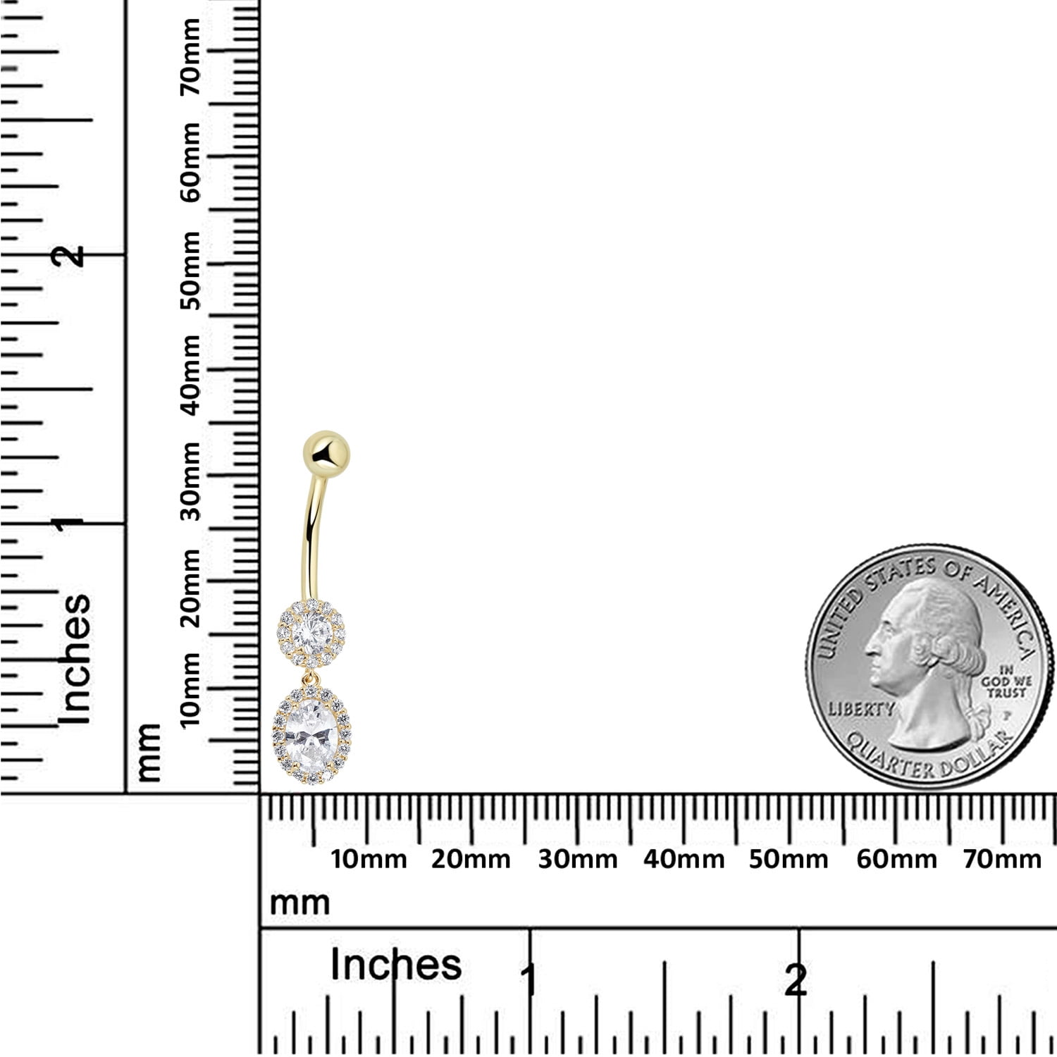 AVORA 10K Yellow Gold Simulated Diamond CZ Oval and Round Dangling Belly Button Ring Body Jewelry (14 Gauge)