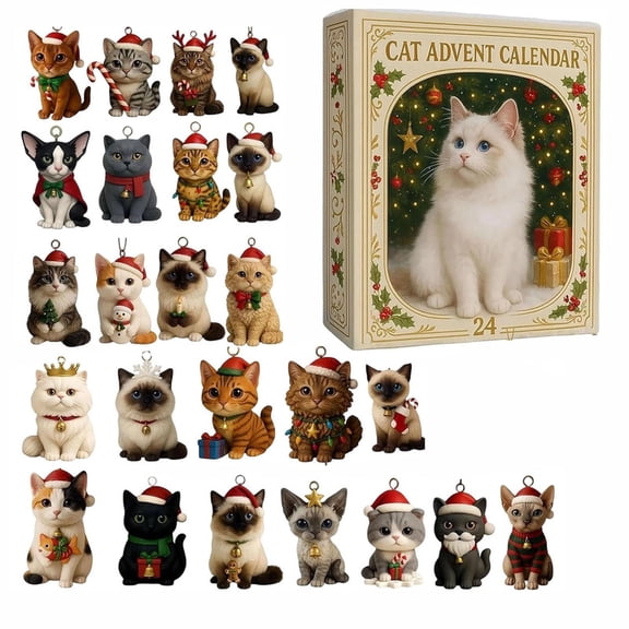 Cat Advent Calendar 2026,Christmas Countdown Calendar, 24 PCS 2D Flat Cats Christmas Ornaments, for Cat Lovers and Cats Owners