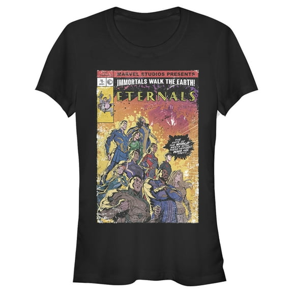 Junior's Marvel Eternals Retro Group Comic Book Cover Graphic Tee Black Medium