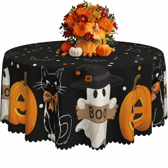 Verolix Halloween Round Tablecloth 60 Inch, Waterproof Polyester Table Cover with Ghost Pumpkin and Cat Pattern, Wrinkle Resistant Washable Tablecloth for Holiday Party Dining Home Decor