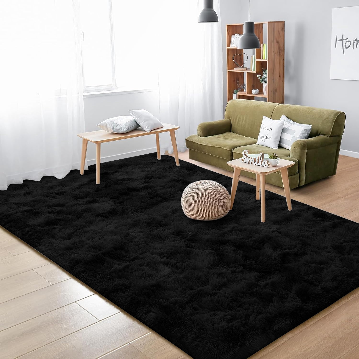 Debonair Super Soft Shaggy Rugs Fluffy Carpets 4x5.3 Feet Indoor Modern Plush Area Rugs for Living Room Bedroom Home Decor Upgrade Anti-Skid Rectangular Fuzzy Rug, Black