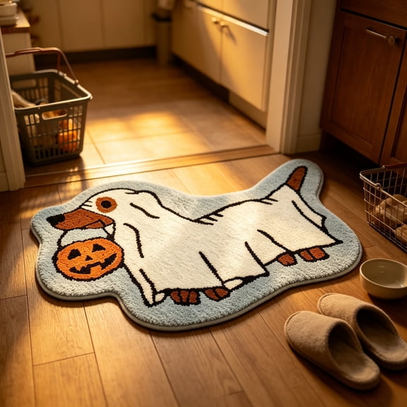 Ghost Dachshund Pumpkin Novelty Shaped Tufted Rug, Cute Halloween Dog‑Theme Decorative Floor Mat for Entryway Bathroom Living Room Indoor Home Decor 24 x 16 Inch