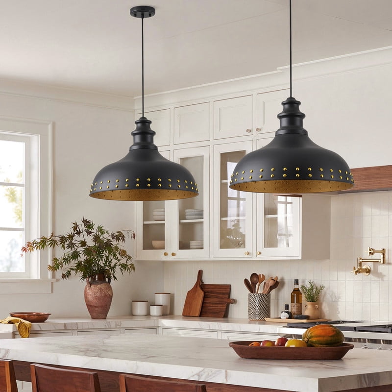 Aiwen Matte Black Dome Pendant Light, Rustic Dining Room Light Fixture with Rivet Shade, 20 inch