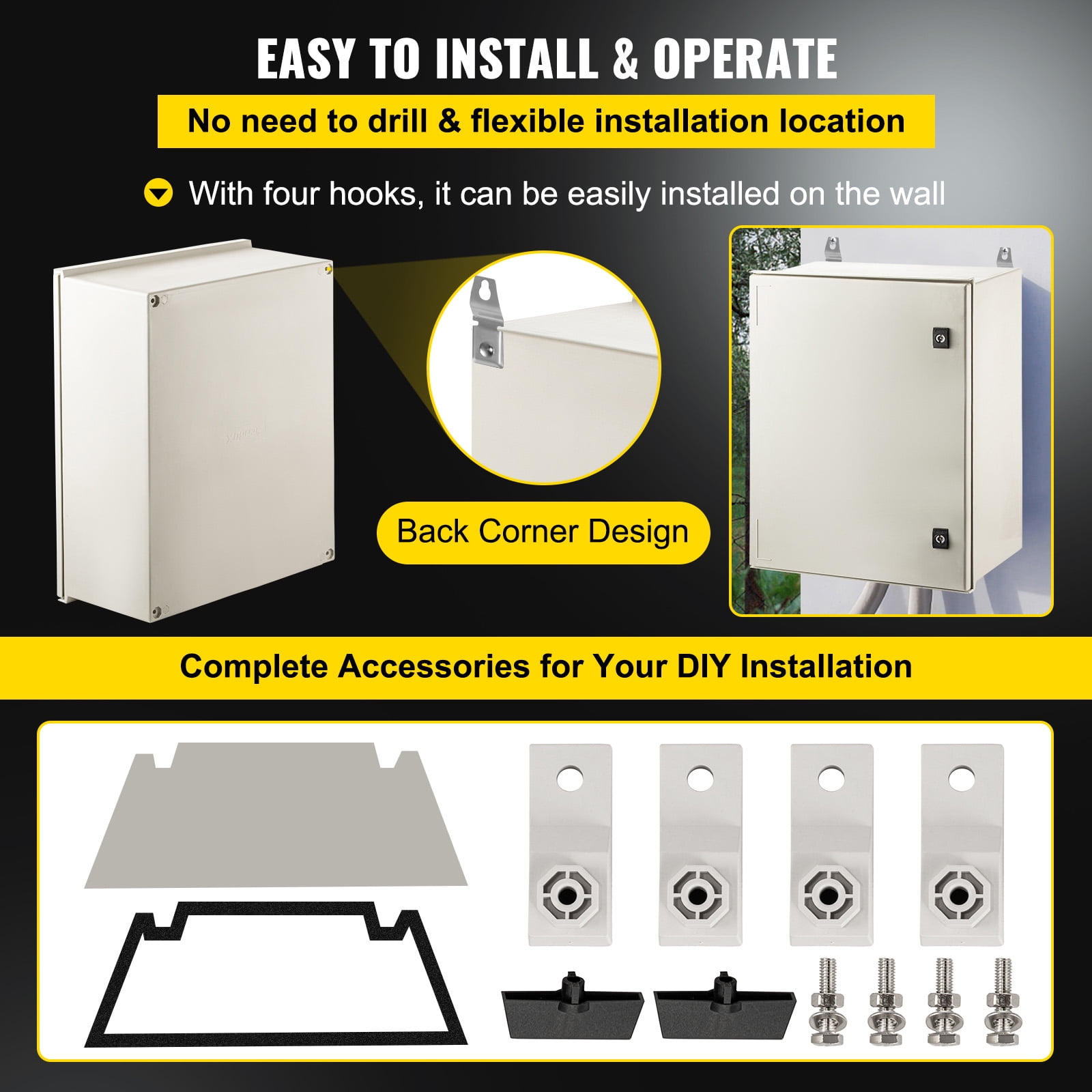 VEVOR Electrical Enclosure Box , 23.6 x 19.7 x 9.1", NEMA 4X Electronic Equipment Enclosure Box, IP66 Weatherproof, Wall-Mounted Electrical Enclosure With Hinges