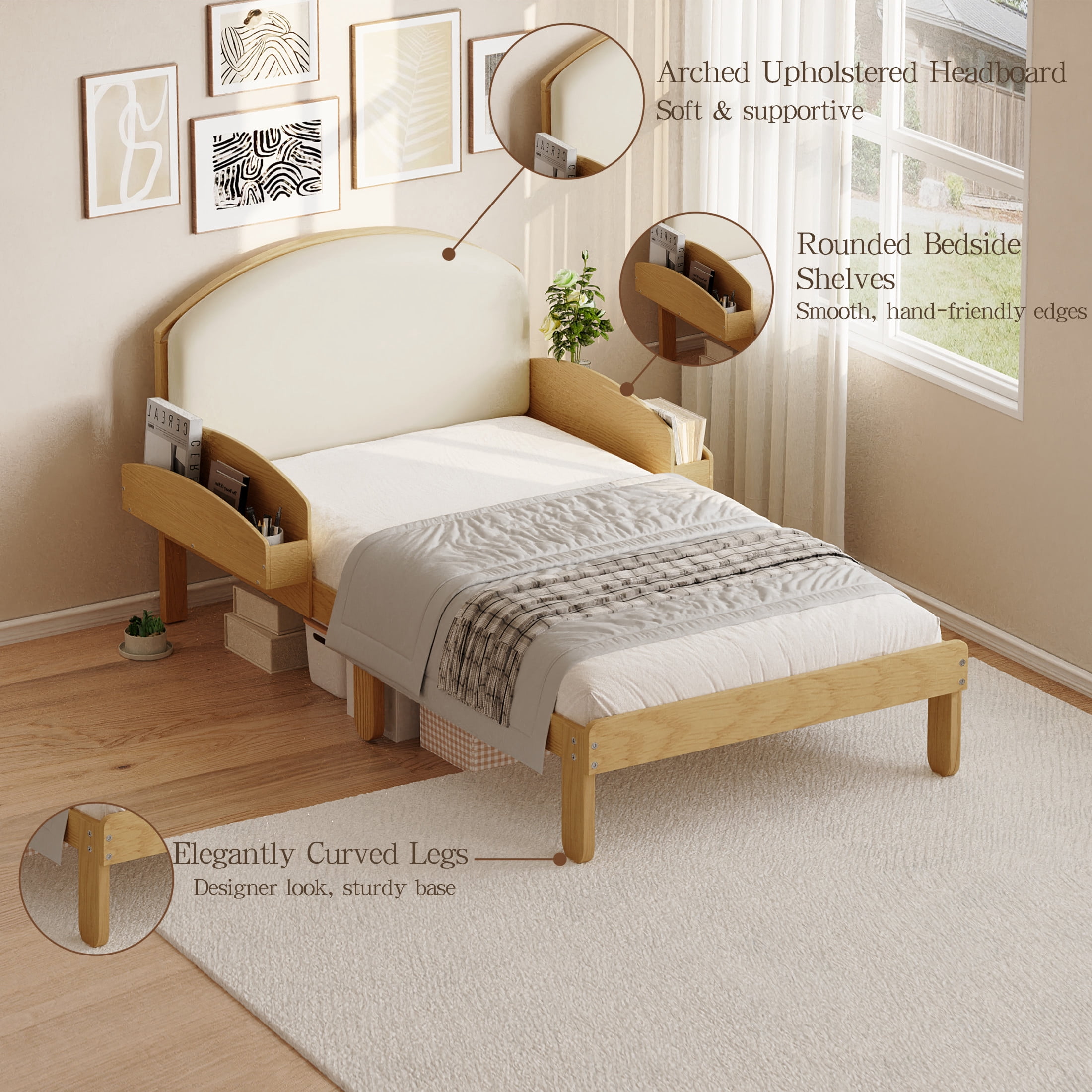 Noble House Twin Size Platform Bed with Curved Padded Headboard, Side Storage Shelves, Natural