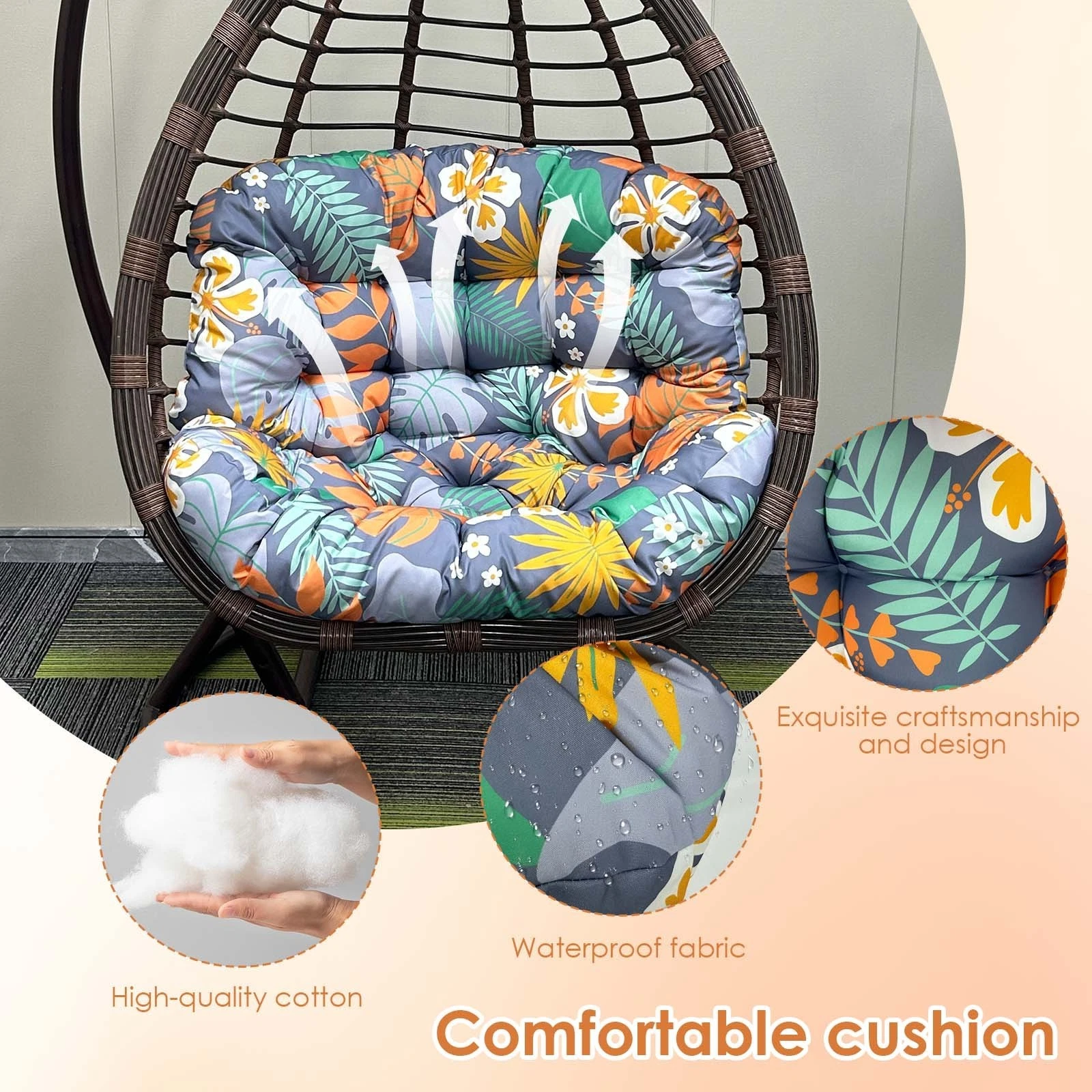 TOPCHANCES Egg Chair Cushion Only, Water-Resistant Outdoor Rocking Chair Cushion, Thick Papasan Seat Cushion with Ties for Patio, Porch, Balcony, Garden (Autumn)