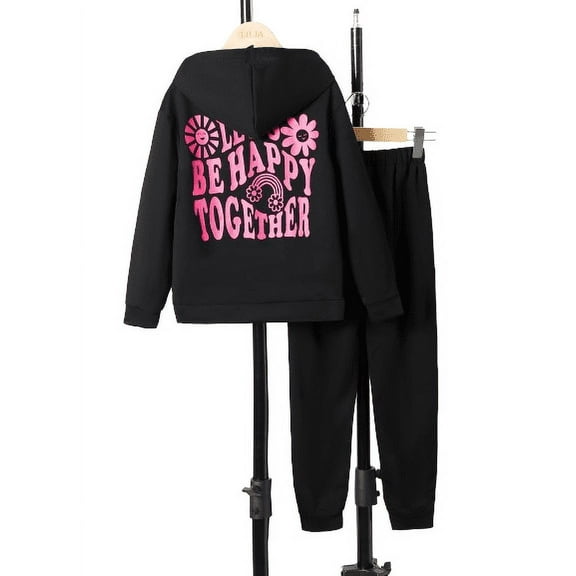 Mikrdoo 11-12 Years Big Girls Outfits Letter Print Pocket Fall Winter Pullover Hoodies Tops Elastic Pants 2pcs Casual Clothing Sets Black