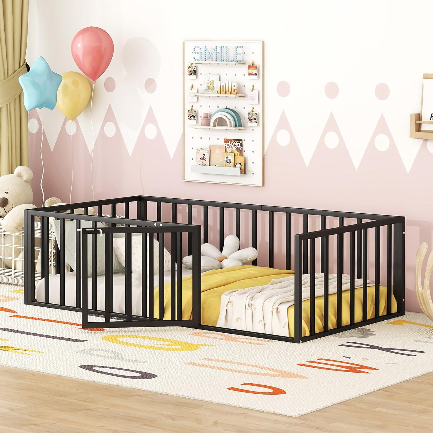 DreamBuck Twin Montessori Floor Bed with Safety Fence and Door, Metal Floor Bed Frame, Minimalist Versatile Floor Bed for Boys, Girls, Twin Bed Frame for room, Playroom