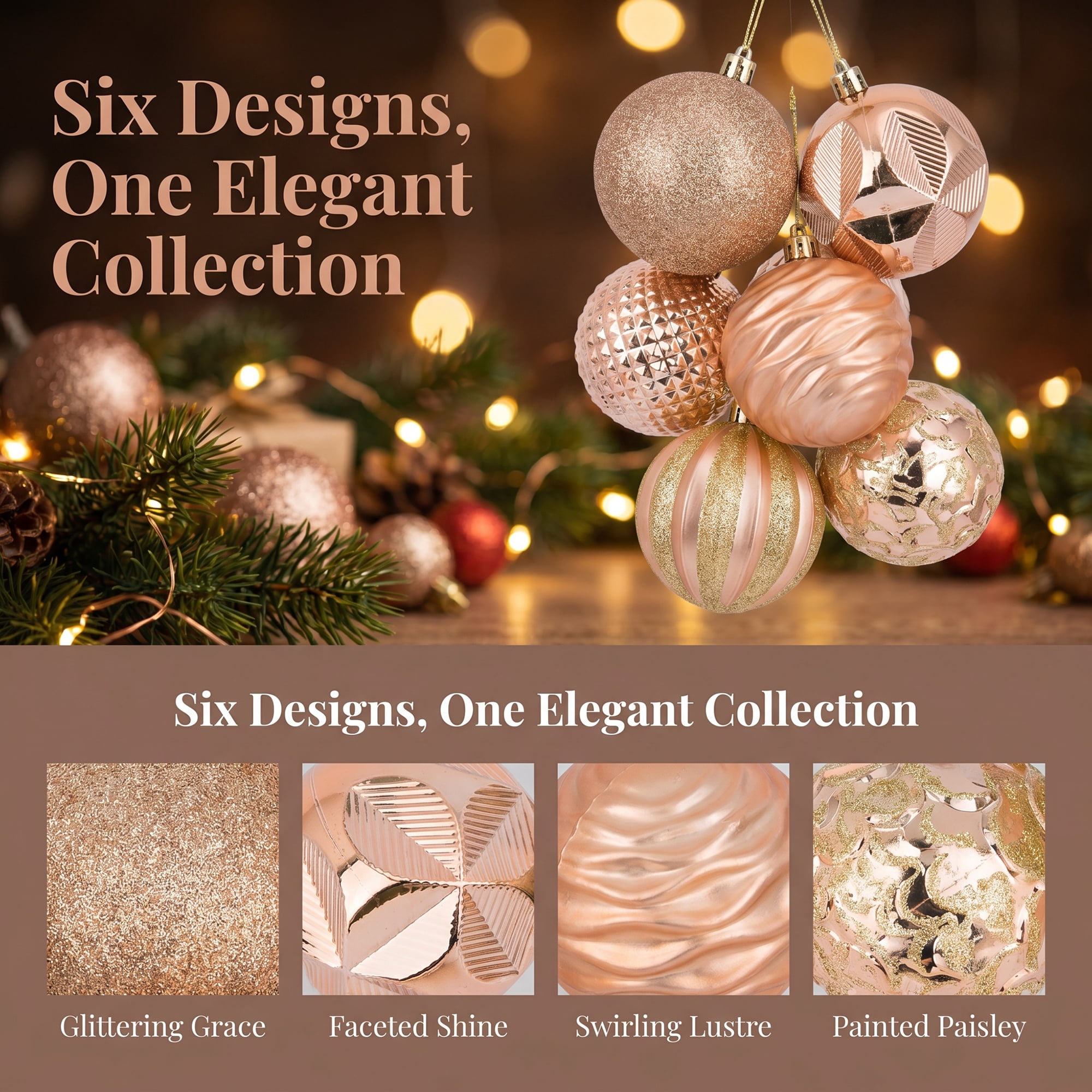 Unique Bargains 6Pcs Painted Electroplated Balls Shatterproof Ornaments Rose Gold 2.4"
