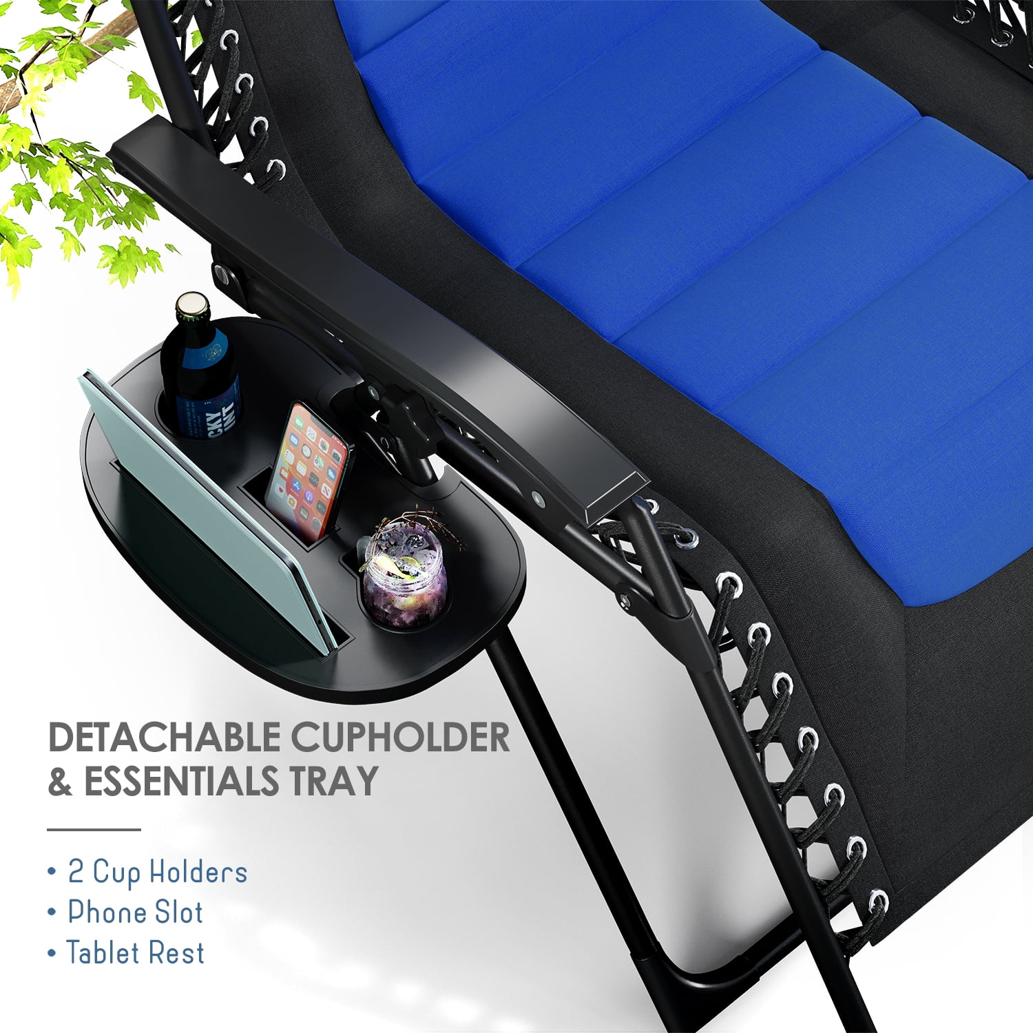 LammaLoe Padded Zero Gravity Chair Oversize, Lounge Chair Outdoor, with Adjustable Headrest and Side Tray, 330 lbs Capacity – Black/Blue